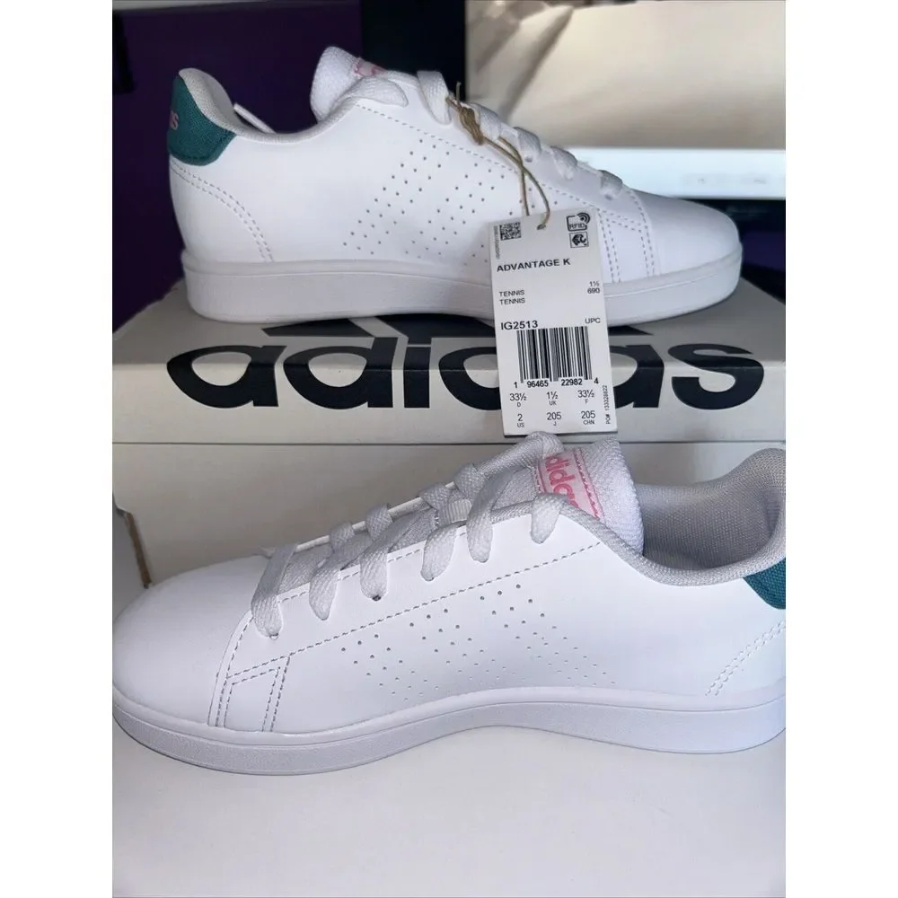 NWOB Adidas Advantage ‎ Tennis Shoes Size 2 In Kids Color White With Teal